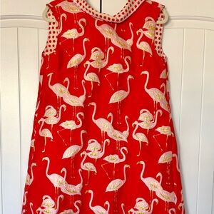 Flamingo Print Red Mini Dress Back Buttons Gold Accents Buru NWT